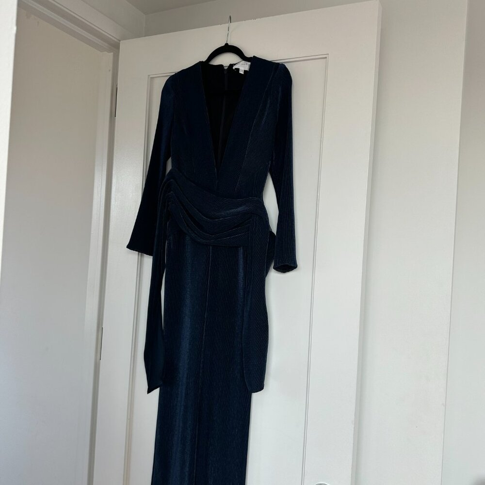 Galvan London Jumpsuit Sz 6 In Midnight Blue Pinstripe Velvet Devoré Plunge Neck